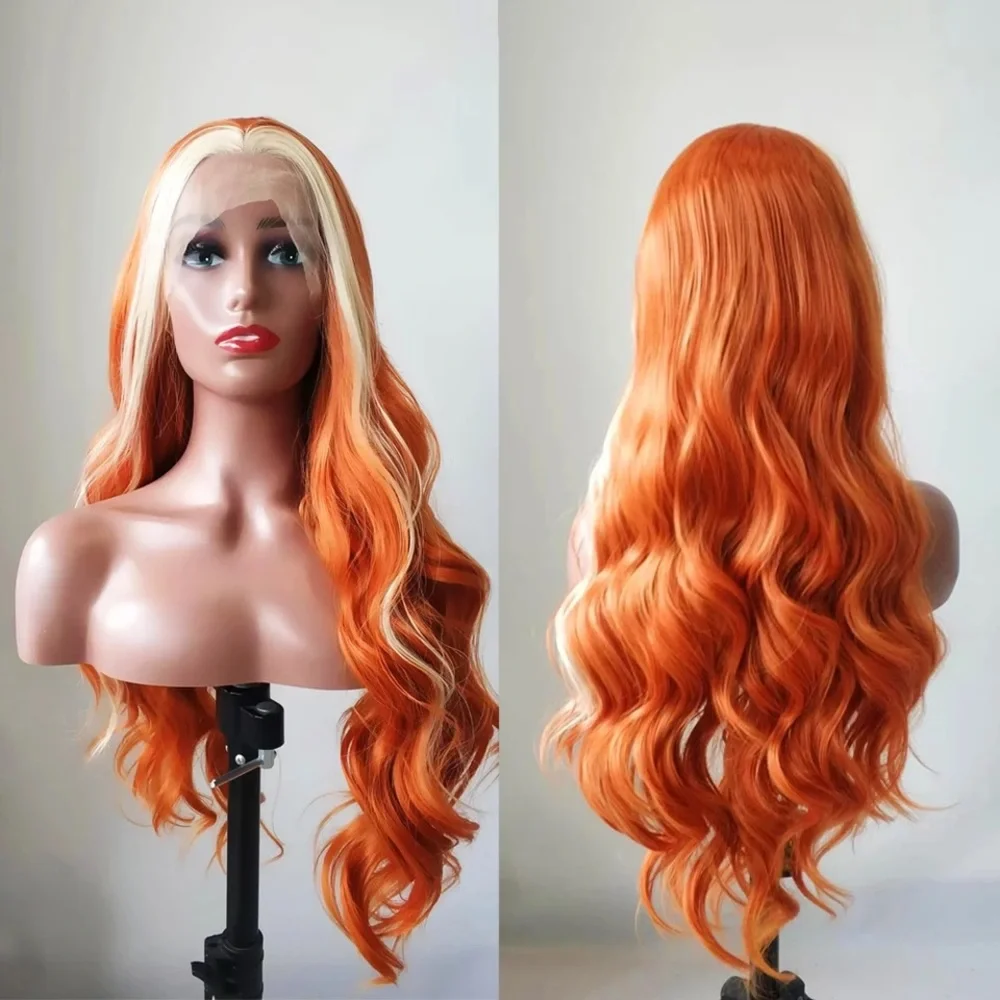 24” HUMAN HAIR BLEND ORANGE BLONDE BODY WAVY  LACE FRONT WIG *NEW**